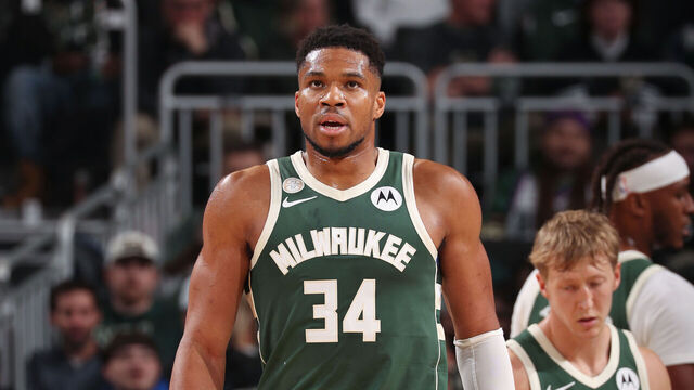 MILWAUKEE, WI - OCTOBER 22: Giannis Antetokounmpo #34 of the Milwaukee Bucks looks on during the game against the Washington Wizards on October 22, 2025 at Fiserv Forum Center in Milwaukee, Wisconsin. Mandatory Copyright Notice: Copyright 2025 NBAE .