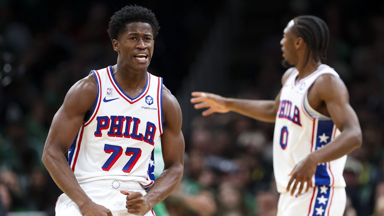 BOSTON, MA - OCTOBER 22: VJ Edgecombe #77 of the Philadelphia 76ers reacts after a basket in the third quarter of the game against the Boston Celtics at TD Garden on October 22, 2025 in Boston, Massachusetts.