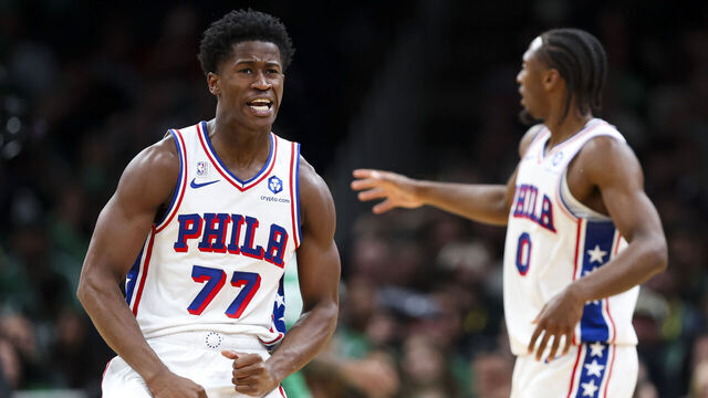 BOSTON, MA - OCTOBER 22: VJ Edgecombe #77 of the Philadelphia 76ers reacts after a basket in the third quarter of the game against the Boston Celtics at TD Garden on October 22, 2025 in Boston, Massachusetts.