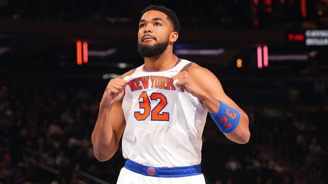 NEW YORK, NY - OCTOBER 9: Karl-Anthony Towns #32 of the New York Knicks looks on during the game against the Minnesota Timberwolves during an NBA Preseason game on October 9, 2025 at Madison Square Garden in New York City, New York. Mandatory Copyright Notice: Copyright 2025 NBAE