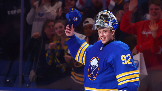 BUFFALO, NEW YORK - OCTOBER 22: Colten Ellis #92 of the Buffalo Sabres celebrates after being named one of the three stars during an NHL game on October 22, 2025 at KeyBank Center in Buffalo, New York.