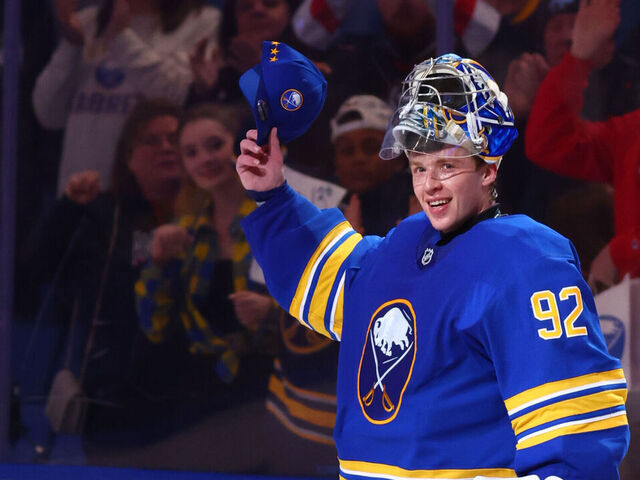 BUFFALO, NEW YORK - OCTOBER 22: Colten Ellis #92 of the Buffalo Sabres celebrates after being named one of the three stars during an NHL game on October 22, 2025 at KeyBank Center in Buffalo, New York.