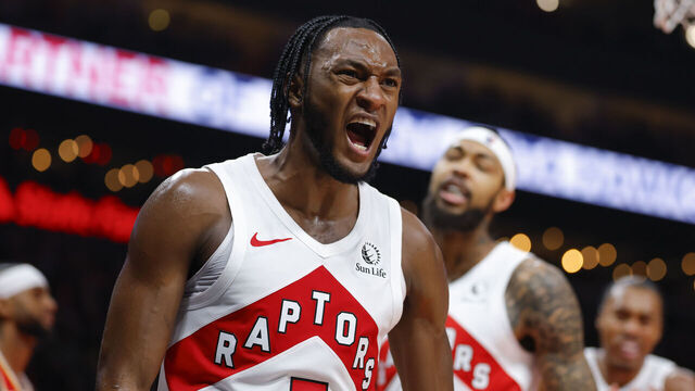 ATLANTA, GEORGIA - OCTOBER 22: Immanuel Quickley #5 of the Toronto Raptors reacts during the third quarter against the Atlanta Hawks at State Farm Arena on October 22, 2025 in Atlanta, Georgia.