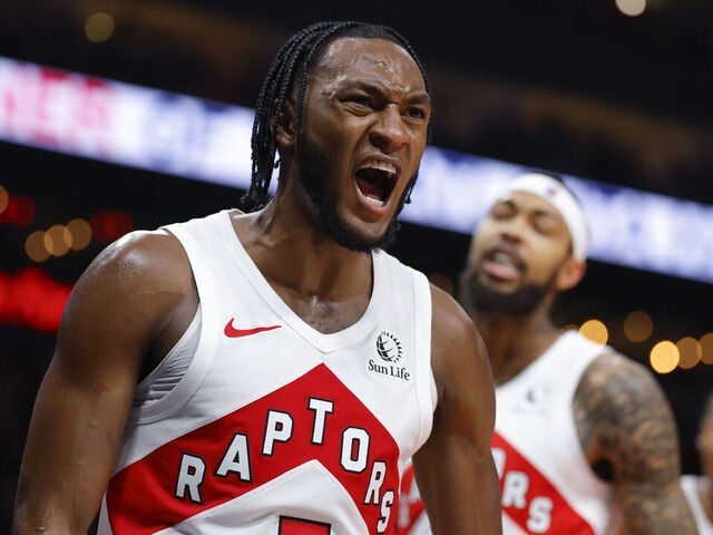ATLANTA, GEORGIA - OCTOBER 22: Immanuel Quickley #5 of the Toronto Raptors reacts during the third quarter against the Atlanta Hawks at State Farm Arena on October 22, 2025 in Atlanta, Georgia.
