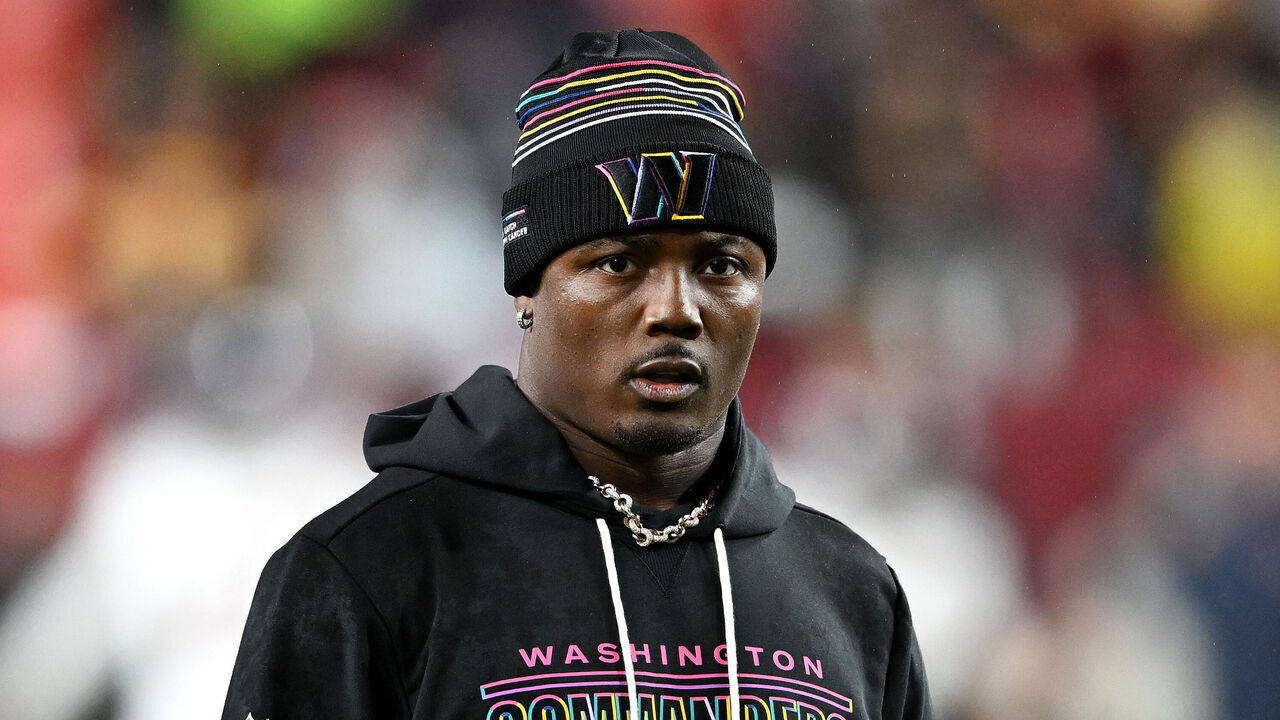 LANDOVER, MARYLAND - OCTOBER 13: Terry McLaurin #17 of the Washington Commanders looks on before the game against the Chicago Bears at Northwest Stadium on October 13, 2025 in Landover, Maryland.