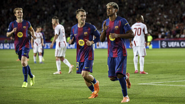 Lamine Yamal of FC Barcelona celebrates after scoring a goal with Marc Casado of FC Barcelona during the UEFA Champions League 2025/26 match between FC Barcelona and Olympiacos FC at Estadi Olimpic Lluis Companys in Barcelona, Spain, on October 21, 2025.