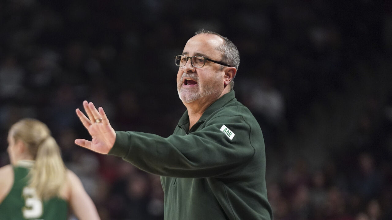 COLUMBIA, SOUTH CAROLINA - DECEMBER 15: Head coach Jose Fernandez of the South Florida Bulls communicates with players during the first quarter of an NCAA women's basketball game against the South Carolina Gamecocks at Colonial Life Arena on December 15, 2024 in Columbia, South Carolina. The South Carolina Gamecocks won 78-62.