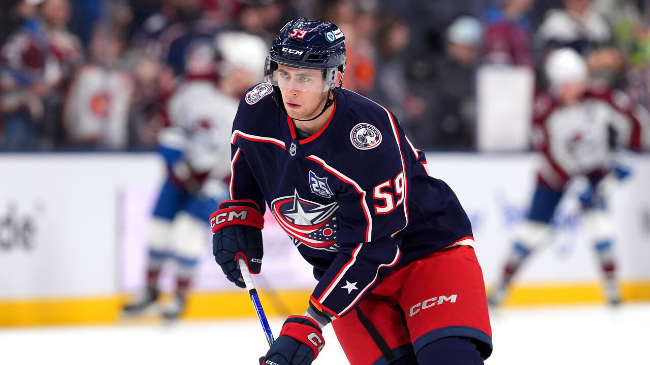 COLUMBUS, OHIO - OCTOBER 16: Yegor Chinakhov #59 of the Columbus Blue Jackets warms up prior to a game against the Colorado Avalanche at Nationwide Arena on October 16, 2025 in Columbus, Ohio.