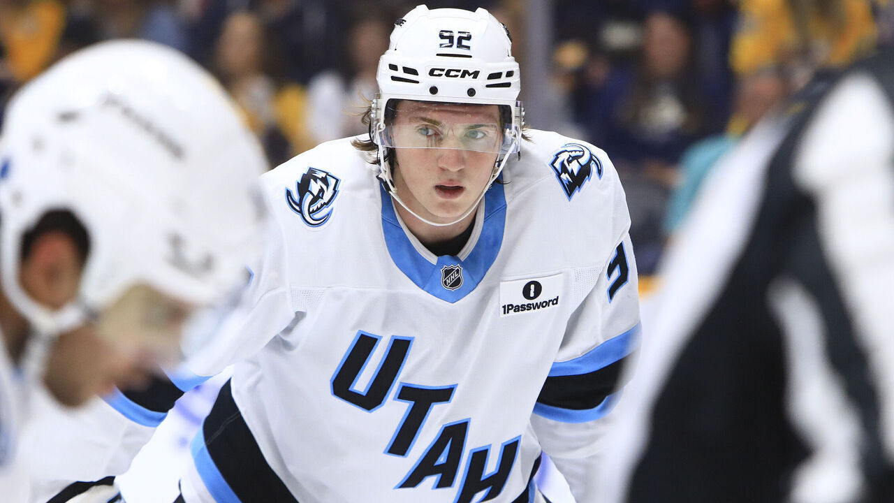 NASHVILLE, TN - OCTOBER 11: Utah Mammoth center Logan Cooley (92) is shown during the NHL game between the Nashville Predators and Utah Mammoth, held on October 11, 2025, at Bridgestone Arena in Nashville, Tennessee.