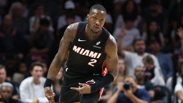 MIAMI, FLORIDA - JANUARY 19: Terry Rozier #2 of the Miami Heat reacts after making a basket against the San Antonio Spurs during the fourth quarter of the game at Kaseya Center on January 19, 2025 in Miami, Florida.