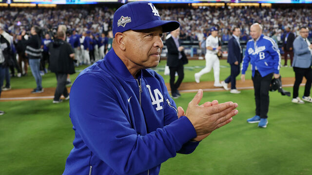 LOS ANGELES, CALIFORNIA - OCTOBER 17: Manager Dave Roberts #30 of the Los Angeles Dodgers reacts after defeating the Milwaukee Brewers 5-1 in game four of the National League Championship Series at Dodger Stadium on October 17, 2025 in Los Angeles, California.