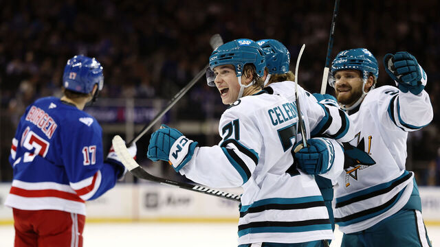 NEW YORK, NEW YORK - OCTOBER 23: Macklin Celebrini #71 of the San Jose Sharks reacts after scoring a goal during the first period against the New York Rangers at Madison Square Garden on October 23, 2025 in New York City.