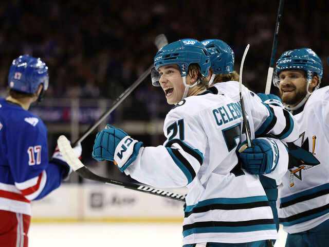 NEW YORK, NEW YORK - OCTOBER 23: Macklin Celebrini #71 of the San Jose Sharks reacts after scoring a goal during the first period against the New York Rangers at Madison Square Garden on October 23, 2025 in New York City.
