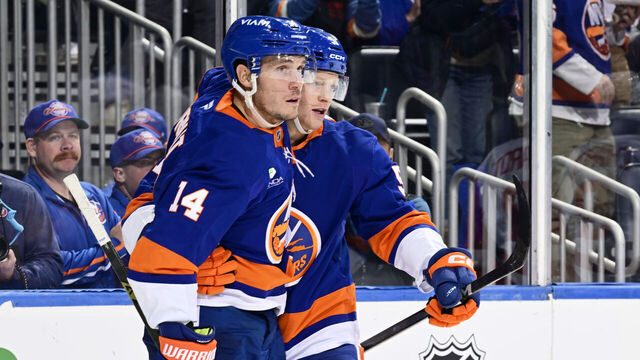 ELMONT, NEW YORK - OCTOBER 23: Emil Heineman #51 of the New York Islanders celebrates his third period goal at 7:19 with Bo Horvat #14 Detroit Red Wings at UBS Arena on October 23, 2025 in Elmont, New York.