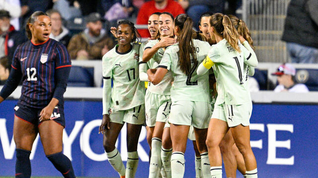 CHESTER, PA - OCTOBER 23: Portugal players celebrate a goal during the international friendly match between the United Sates Woman's National Team and Portugal Woman's National Team on October 23rd, 2025 at Subaru Park in Chester, PA.