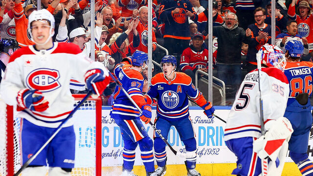 EDMONTON, AB - OCTOBER 23: Edmonton Oilers Left Wing Ryan Nugent-Hopkins (93) scores a power play goal in the third period of the Edmonton Oilers game versus the Montreal Canadians on October 23, 2025 at Rogers Place in Edmonton, AB.