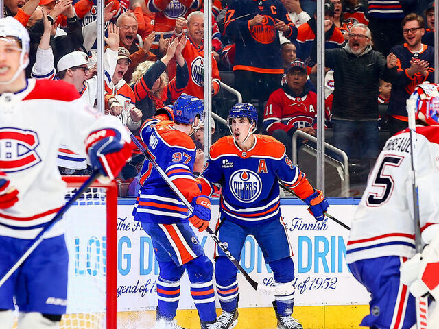 EDMONTON, AB - OCTOBER 23: Edmonton Oilers Left Wing Ryan Nugent-Hopkins (93) scores a power play goal in the third period of the Edmonton Oilers game versus the Montreal Canadians on October 23, 2025 at Rogers Place in Edmonton, AB.