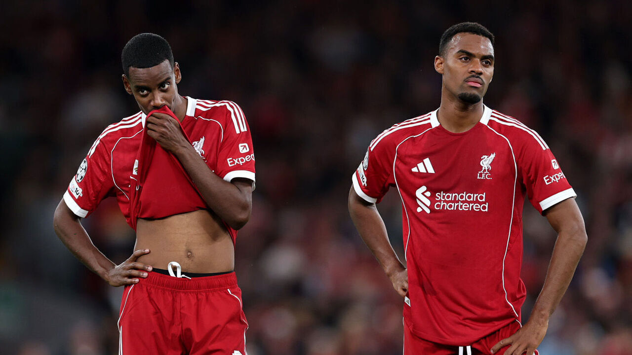 LIVERPOOL, ENGLAND - SEPTEMBER 17: Alexander Isak and Ryan Gravenberch of Liverpool look on during the UEFA Champions League 2025/26 League Phase MD1 match between Liverpool FC and Atletico de Madrid at Anfield on September 17, 2025 in Liverpool, England.