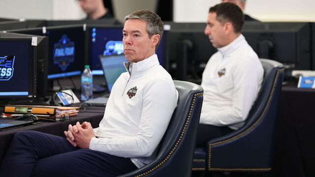 INDIANAPOLIS, INDIANA - MARCH 12: Chad Weiberg listens during the NCAA Men's Basketball Tournament Selections on March 12, 2025 in Indianapolis, Indiana.