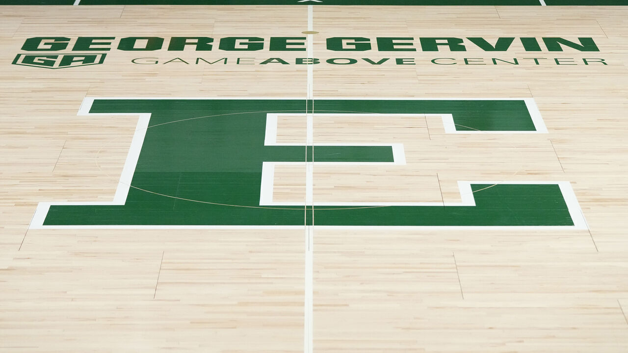 YPSILANTI, MI - DECEMBER 18: The Eastern Michigan Eagles logo on the floor before a college basketball game against the Detroit Mercy Titans at the George Gervin GameAbove Center on December 18, 2022 in Ypsilanti, Michigan.