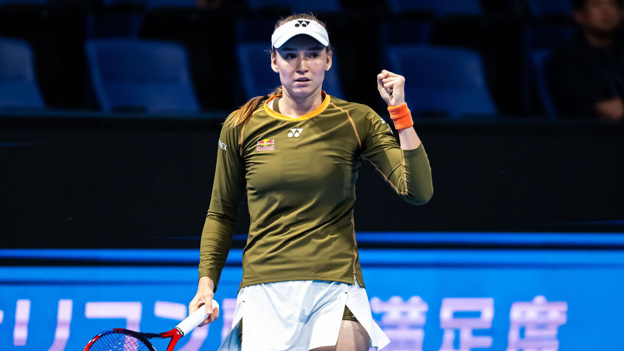TOKYO, JAPAN - OCTOBER 24: Elena Rybakina of Kazakhstan in action against Victoria Mboko of Canada in the quarter-final on Day 5 of the Toray Pan Pacific Open at Ariake Coliseum on October 24, 2025 in Tokyo, Japan