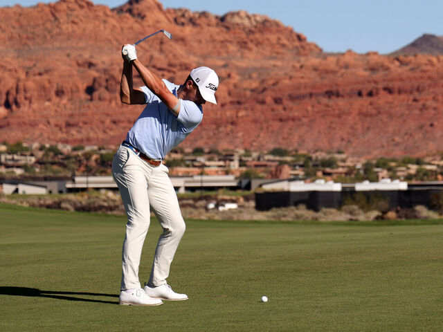 ST GEORGE, UTAH - OCTOBER 24: Michael Brennan of the United States plays a shot on the 18th hole during the second round of the Bank of Utah Championship 2025 at Black Desert Resort on October 24, 2025 in St George, Utah.