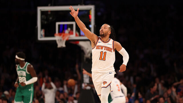 NEW YORK, NEW YORK - OCTOBER 24: Jalen Brunson #11 of the New York Knicks reacts while playing the Boston Celtics during the fourth quarter at Madison Square Garden on October 24, 2025 in New York City. The Knicks won 105-95.