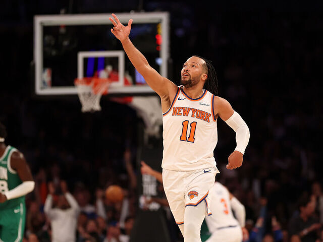 NEW YORK, NEW YORK - OCTOBER 24: Jalen Brunson #11 of the New York Knicks reacts while playing the Boston Celtics during the fourth quarter at Madison Square Garden on October 24, 2025 in New York City. The Knicks won 105-95.