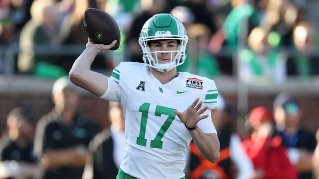 DALLAS, TEXAS - JANUARY 03: Drew Mestemaker #17 of the North Texas Mean Green throws during the first quarter of the SERVPRO First Responder Bowl against the Texas State Bobcats at Gerald J. Ford Stadium on January 03, 2025 in Dallas, Texas.