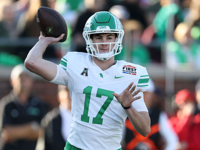 DALLAS, TEXAS - JANUARY 03: Drew Mestemaker #17 of the North Texas Mean Green throws during the first quarter of the SERVPRO First Responder Bowl against the Texas State Bobcats at Gerald J. Ford Stadium on January 03, 2025 in Dallas, Texas.