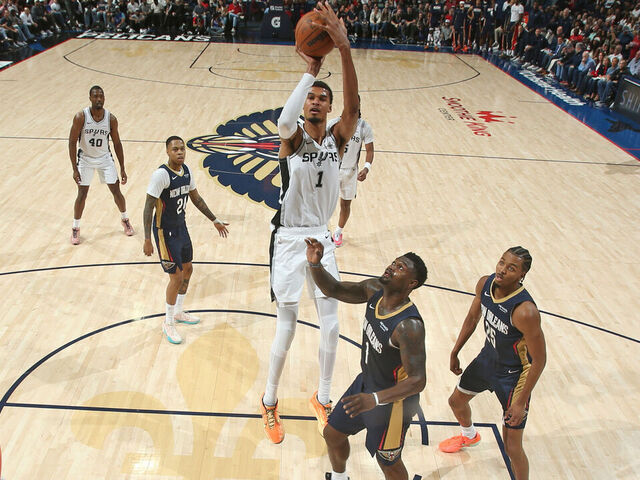 NEW ORLEANS, LA - OCTOBER 24: Victor Wembanyama #1 of the San Antonio Spurs shoots the ball during the game against the New Orleans Pelicans on October 24, 2025 at the Smoothie King Center in New Orleans, Louisiana. Mandatory Copyright Notice: Copyright 2025 NBAE