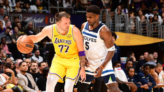 LOS ANGELES, CA - OCTOBER 24: Luka Doncic #77 of the Los Angeles Lakers dribbles the ball during the game against Anthony Edwards #5 of the Minnesota Timberwolves on October 24, 2025 at Crypto.Com Arena in Los Angeles, California. NOTE TO USER: User expressly acknowledges and agrees that, by downloading and/or using this Photograph, user is consenting to the terms and conditions of the Getty Images License Agreement. Mandatory Copyright Notice: Copyright 2025 NBAE