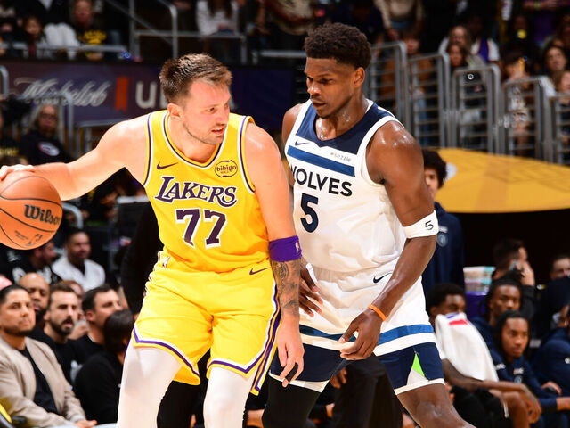 LOS ANGELES, CA - OCTOBER 24: Luka Doncic #77 of the Los Angeles Lakers dribbles the ball during the game against Anthony Edwards #5 of the Minnesota Timberwolves on October 24, 2025 at Crypto.Com Arena in Los Angeles, California. NOTE TO USER: User expressly acknowledges and agrees that, by downloading and/or using this Photograph, user is consenting to the terms and conditions of the Getty Images License Agreement. Mandatory Copyright Notice: Copyright 2025 NBAE