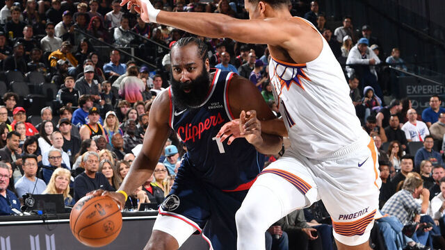 INGLEWOOD, CA - OCTOBER 24: James Harden #1 of the LA Clippers drives to the basket during the game against the Phoenix Suns on October 24, 2025 at Intuit Dome in Los Angeles, California. NOTE TO USER: User expressly acknowledges and agrees that, by downloading and/or using this Photograph, user is consenting to the terms and conditions of the Getty Images License Agreement. Mandatory Copyright Notice: Copyright 2025 NBAE