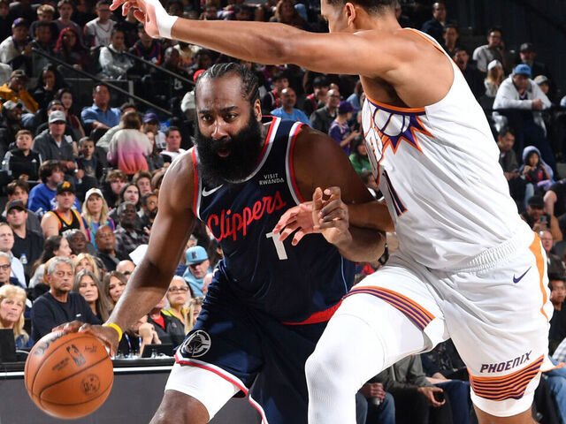 INGLEWOOD, CA - OCTOBER 24: James Harden #1 of the LA Clippers drives to the basket during the game against the Phoenix Suns on October 24, 2025 at Intuit Dome in Los Angeles, California. NOTE TO USER: User expressly acknowledges and agrees that, by downloading and/or using this Photograph, user is consenting to the terms and conditions of the Getty Images License Agreement. Mandatory Copyright Notice: Copyright 2025 NBAE
