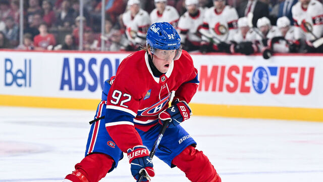 MONTREAL, CANADA - OCTOBER 04: Patrik Laine #92 of the Montreal Canadiens skates during the second period in a preseason game against the Ottawa Senators at the Bell Centre on October 4, 2025 in Montreal, Quebec, Canada. The Ottawa Senators defeated the Montreal Canadiens 3-1.