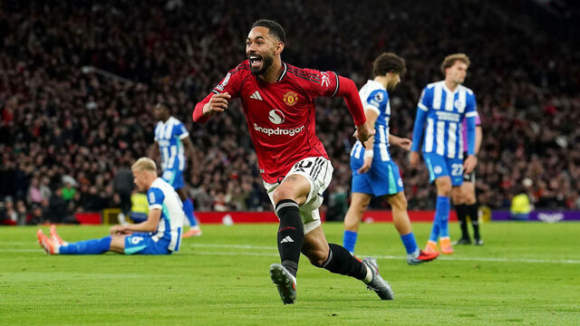 Manchester United's Matheus Cunha celebrates scoring their side's first goal during the Premier League match at Old Trafford, Manchester. Picture date: Saturday October 25, 2025.