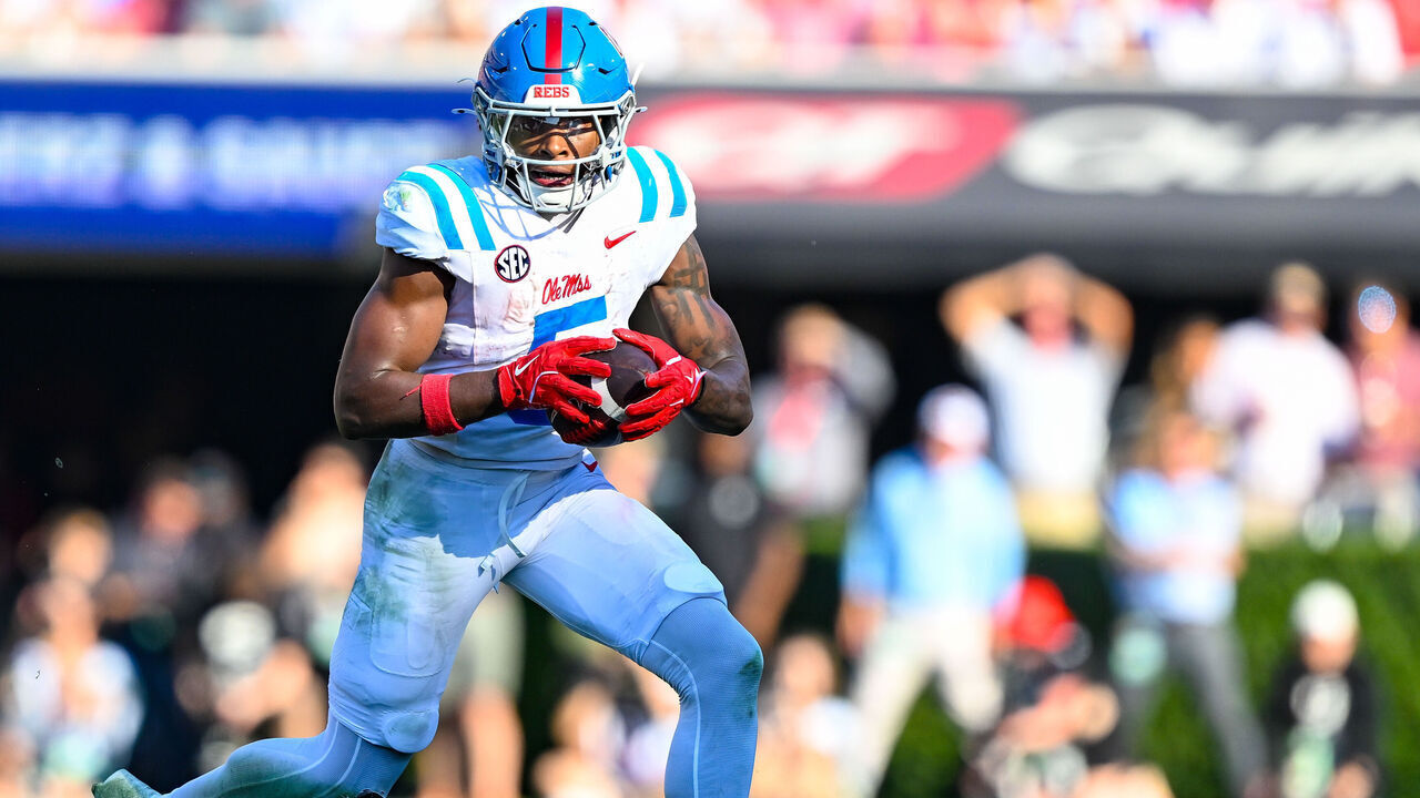 ATHENS, GA - OCTOBER 18: Ole Miss running back Kewan Lacy (5) runs the ball during the college football game between the Ole Miss Rebels and the Georgia Bulldogs on October 18th, 2025 at Sanford Stadium in Athens, GA.