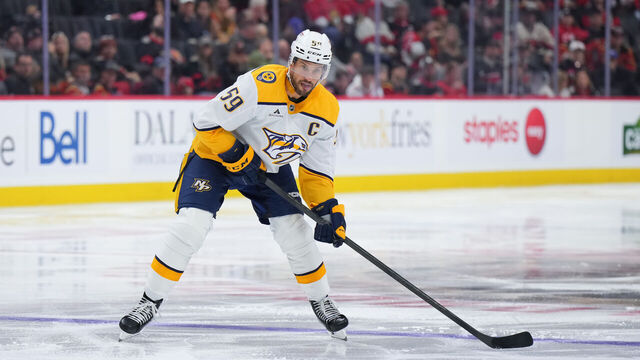 OTTAWA, CANADA - OCTOBER 13: Roman Josi #59 of the Nashville Predators skates against the Ottawa Senators on October 13, 2025 at Canadian Tire Centre in Ottawa, Ontario, Canada.