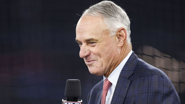 TORONTO, ON - OCTOBER 25: Major League Baseball Commissioner Robert D. Manfred Jr. looks on during warm ups prior to Game Two of the 2025 World Series presented by Capital One between the Los Angeles Dodgers and the Toronto Blue Jays at Rogers Centre on Saturday, October 25, 2025 in Toronto, Ontario, Canada.