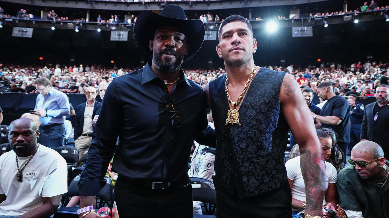 LAS VEGAS, NEVADA - SEPTEMBER 14: (L-R) Jon Jones and Alex Pereira attend the UFC 306 at Riyadh Season Noche UFC event at Sphere on September 14, 2024 in Las Vegas, Nevada.