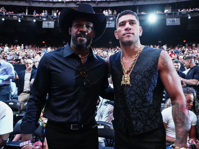 LAS VEGAS, NEVADA - SEPTEMBER 14: (L-R) Jon Jones and Alex Pereira attend the UFC 306 at Riyadh Season Noche UFC event at Sphere on September 14, 2024 in Las Vegas, Nevada.