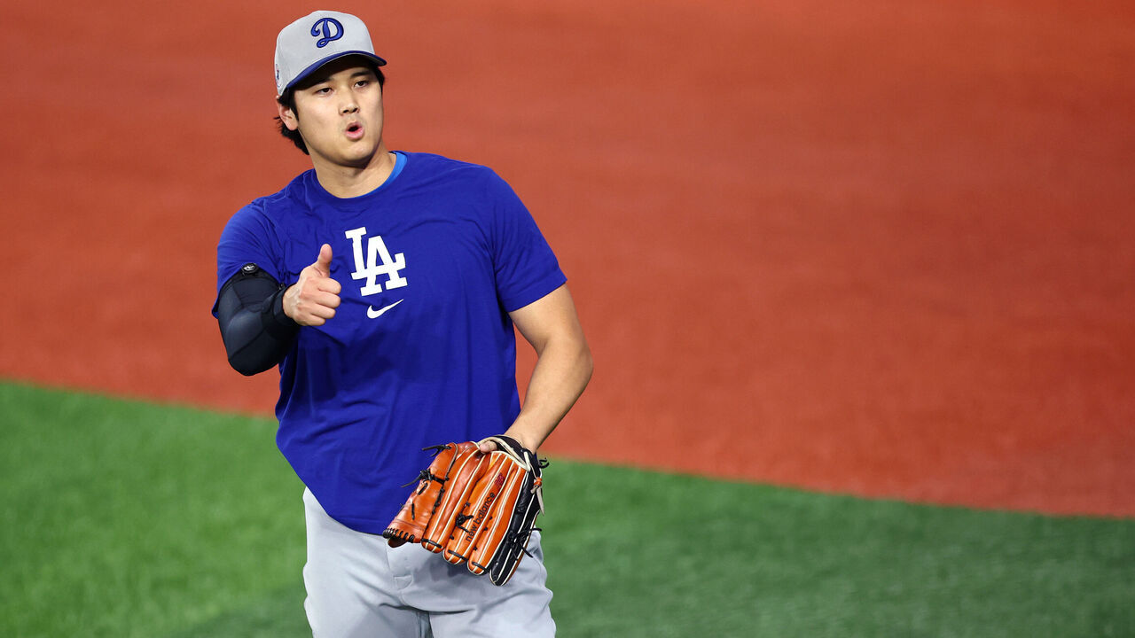 TORONTO, ONTARIO - OCTOBER 25: Shohei Ohtani #17 of the Los Angeles Dodgers reacts prior to game two of the 2025 World Series against the Toronto Blue Jays at Rogers Center on October 25, 2025 in Toronto, Ontario.