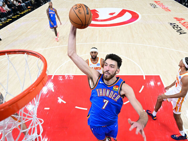 ATLANTA, GA - OCTOBER 25: Chet Holmgren #7 of the Oklahoma City Thunder dunks the ball during the game against the Atlanta Hawks on October 25, 2025 at State Farm Arena in Atlanta, Georgia. NOTE TO USER: User expressly acknowledges and agrees that, by downloading and/or using this Photograph, user is consenting to the terms and conditions of the Getty Images License Agreement. Mandatory Copyright Notice: Copyright 2025 NBAE