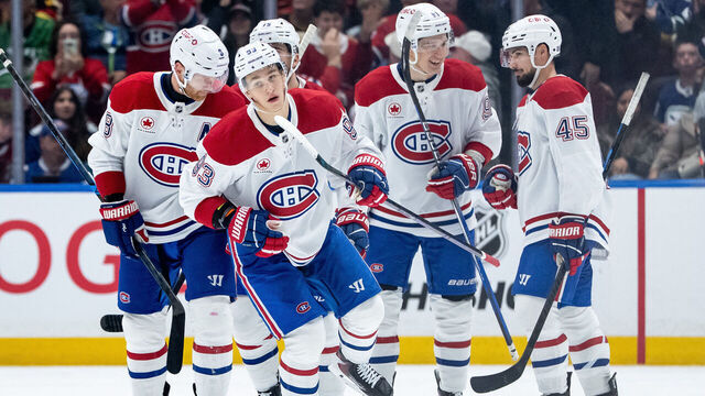 VANCOUVER, BC - OCTOBER 25: Montreal Canadiens right wing Ivan Demidov (93) skates back to the bench after celebrating his goal during the third period of an NHL game between the Montreal Canadians and the Vancouver Canucks on Saturday, October 25, 2025 at Rogers Arena in Vancouver, B.C.