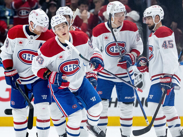 VANCOUVER, BC - OCTOBER 25: Montreal Canadiens right wing Ivan Demidov (93) skates back to the bench after celebrating his goal during the third period of an NHL game between the Montreal Canadians and the Vancouver Canucks on Saturday, October 25, 2025 at Rogers Arena in Vancouver, B.C.