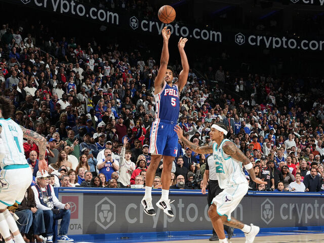 PHILADELPHIA, PA - OCTOBER 25: Quentin Grimes #5 of the Philadelphia 76ers shoots the game clincher during the game against the Charlotte Hornets on October 25, 2025 at the Wells Fargo Center in Philadelphia, Pennsylvania NOTE TO USER: User expressly acknowledges and agrees that, by downloading and/or using this Photograph, user is consenting to the terms and conditions of the Getty Images License Agreement. Mandatory Copyright Notice: Copyright 2025 NBAE