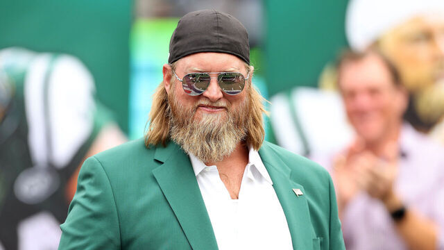 EAST RUTHERFORD, NEW JERSEY - SEPTEMBER 25: Former New York Jets player Nick Mangold looks on as he is inducted into the Jets Ring of Honor during halftime of the game against the Cincinnati Bengals at MetLife Stadium on September 25, 2022 in East Rutherford, New Jersey.