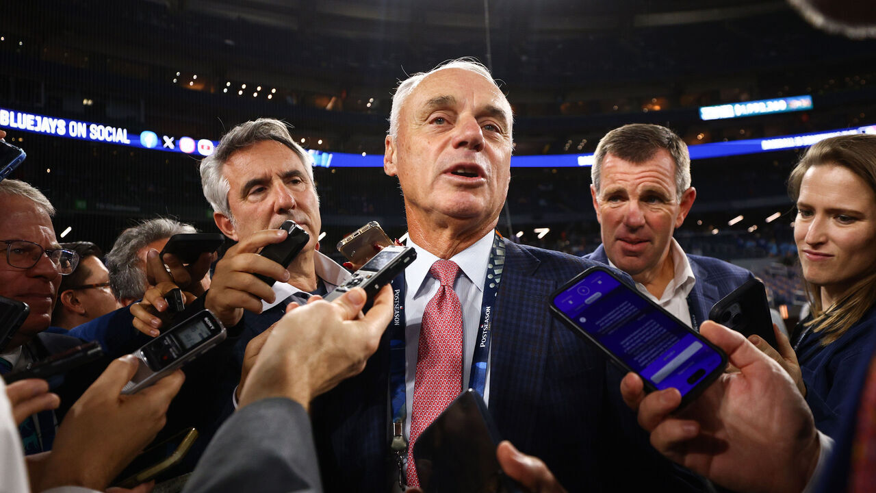 TORONTO, ONTARIO - OCTOBER 25: Rob Manfred, commissioner of Major League Baseball, talks to the media before game two of the 2025 World Series between the Toronto Blue Jays and the Los Angeles Dodgers at Rogers Center on October 25, 2025 in Toronto, Ontario.