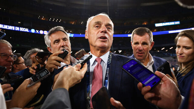 TORONTO, ONTARIO - OCTOBER 25: Rob Manfred, commissioner of Major League Baseball, talks to the media before game two of the 2025 World Series between the Toronto Blue Jays and the Los Angeles Dodgers at Rogers Center on October 25, 2025 in Toronto, Ontario.